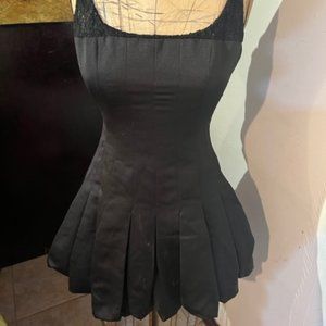 Designer Satin lace trimmed pleated mini-dress